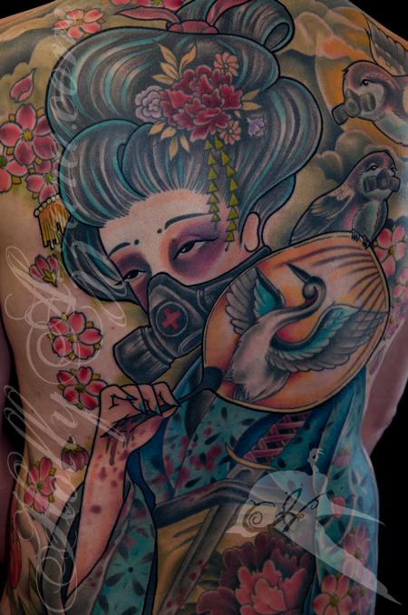 Holly Azzara - Justins Geisha with a gas mask back piece detail